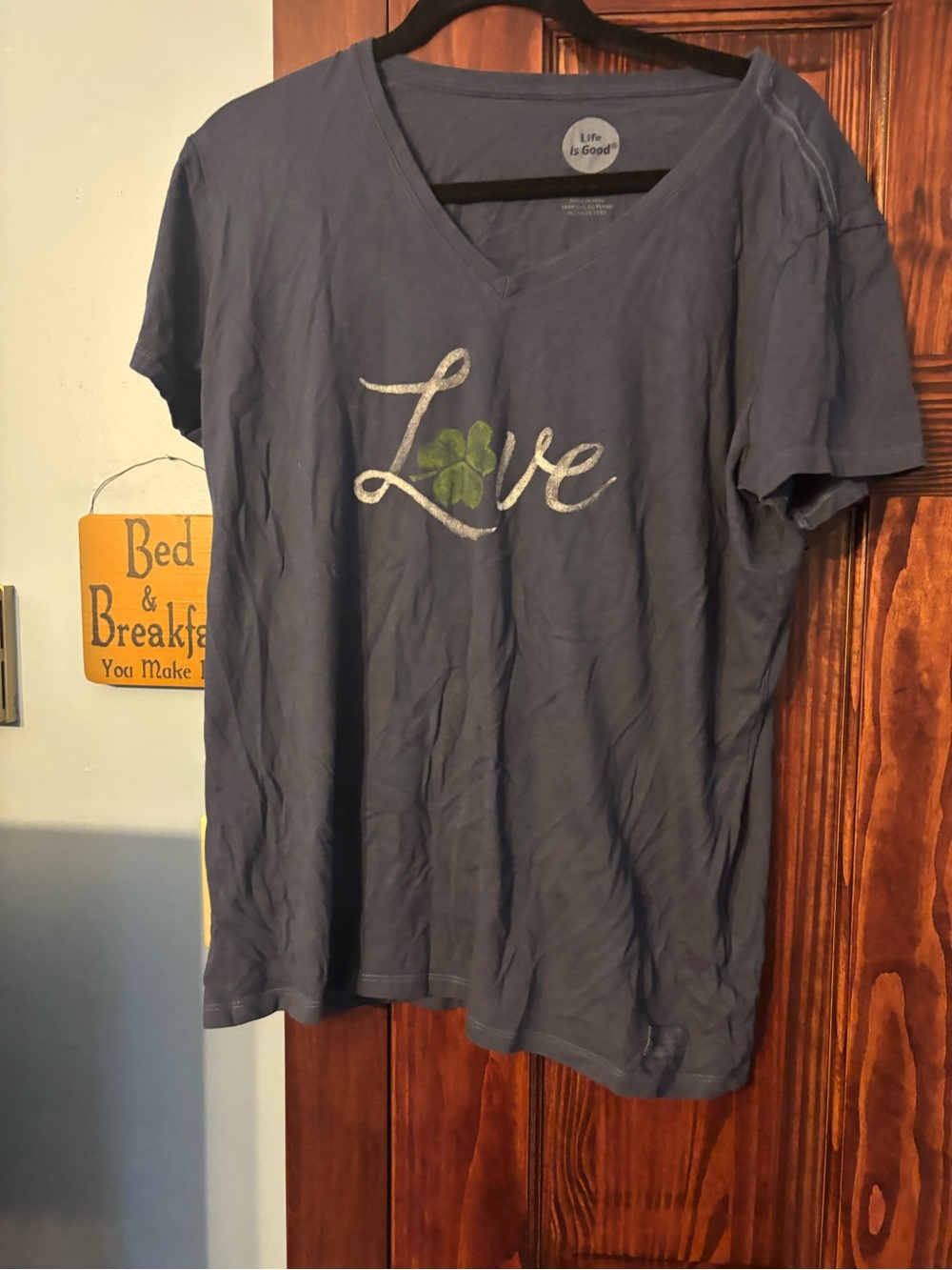 Life Is Good Blue V-Neck Tee with Glitter 'Love' and Green Clover